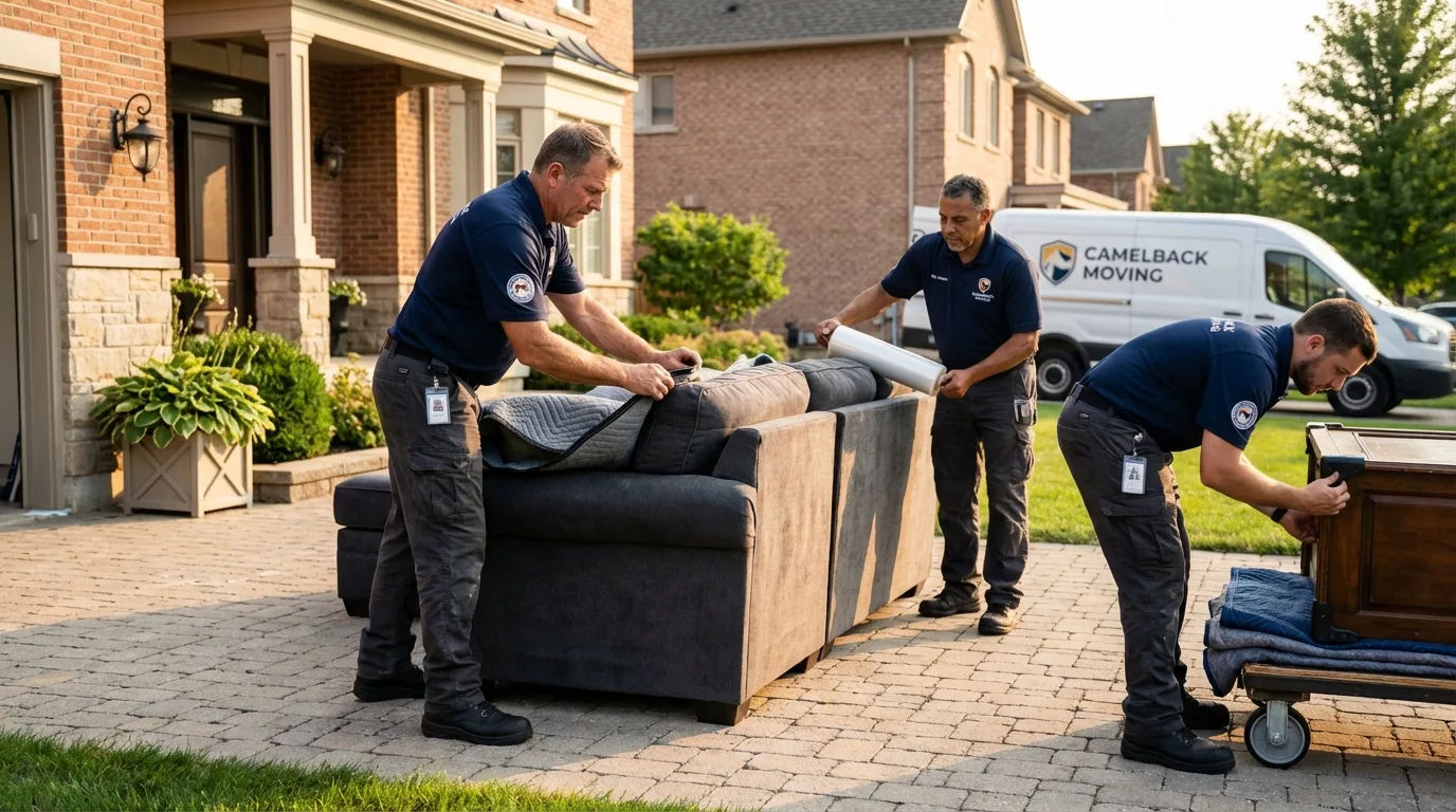 Large estate moving crew wrapping furniture in Northport, NY