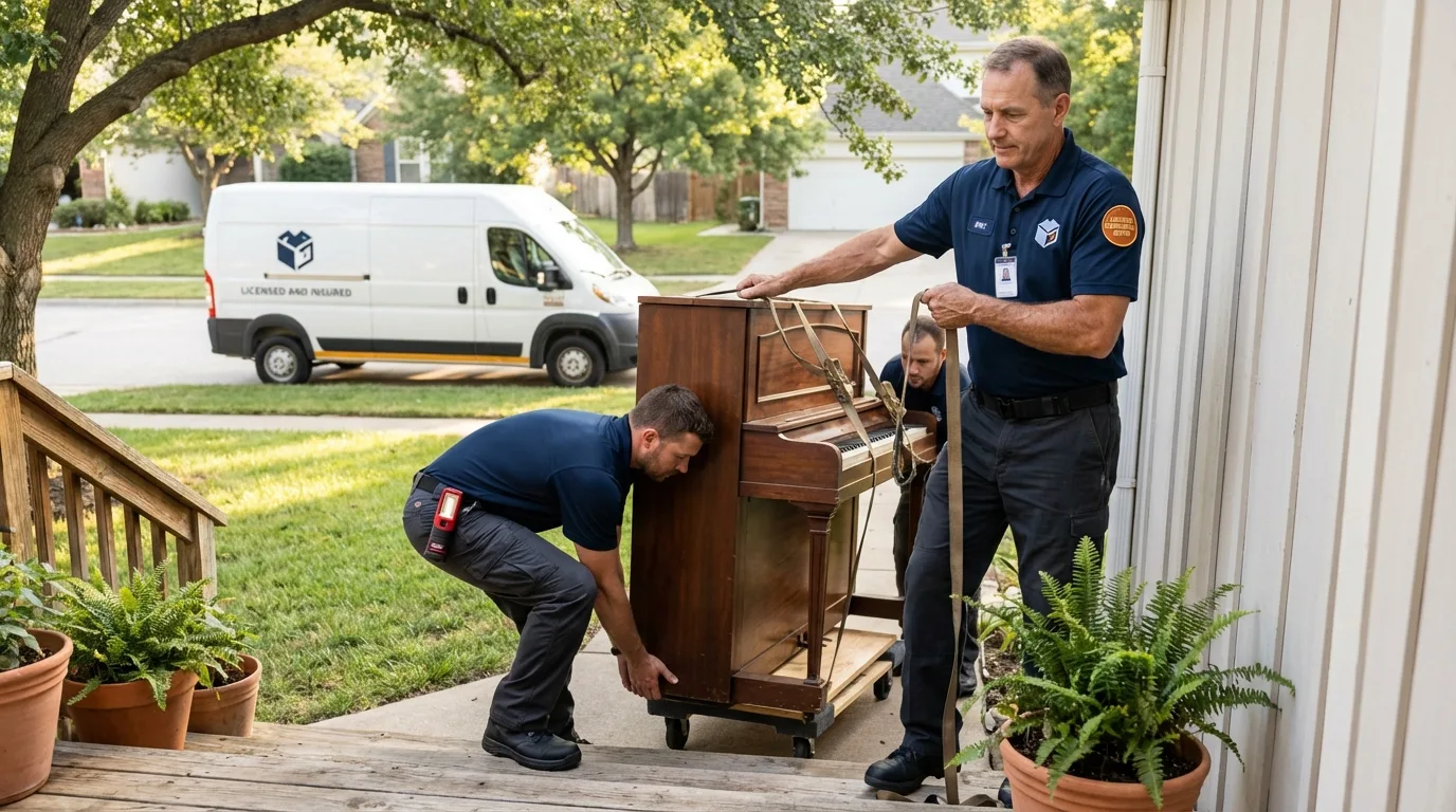 Licensed piano movers securing grand piano in Northport, NY
