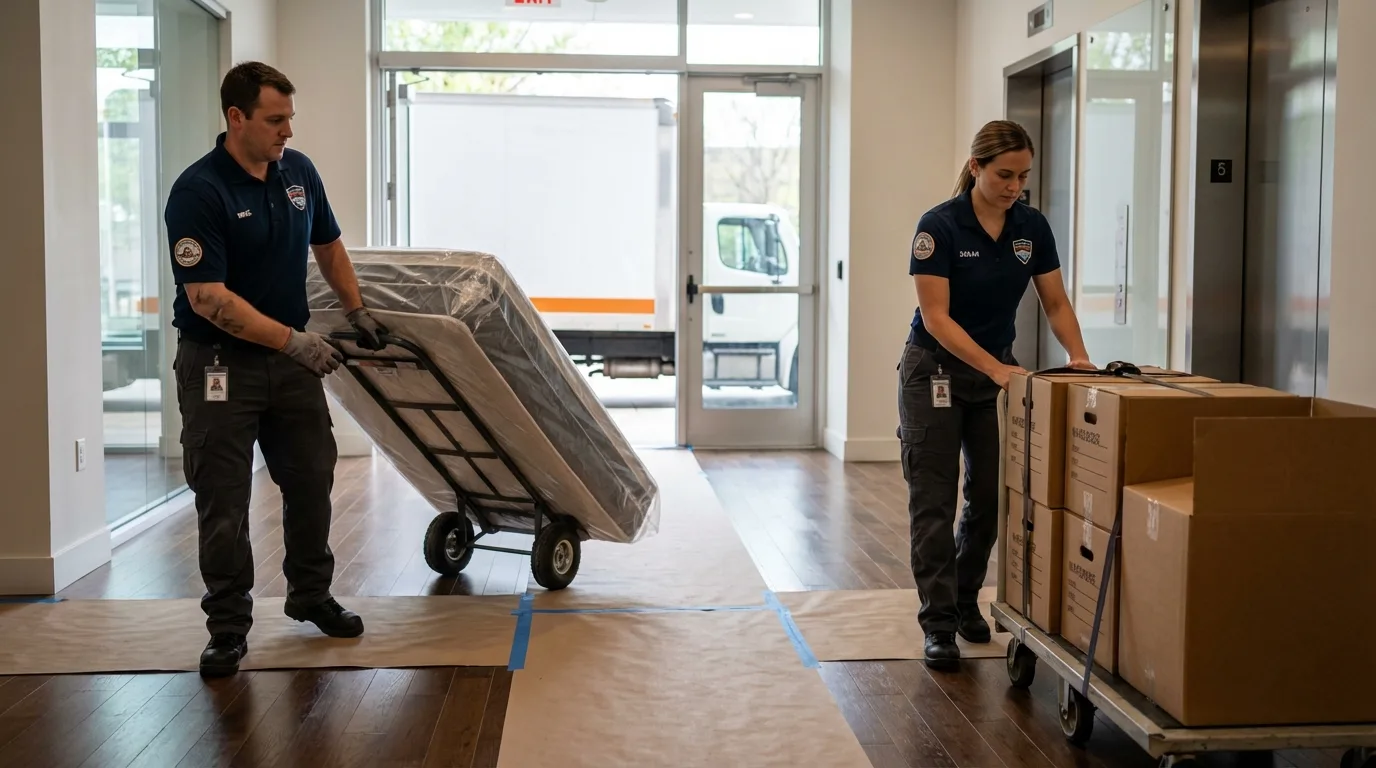 Professional apartment movers loading elevator in Northport, NY