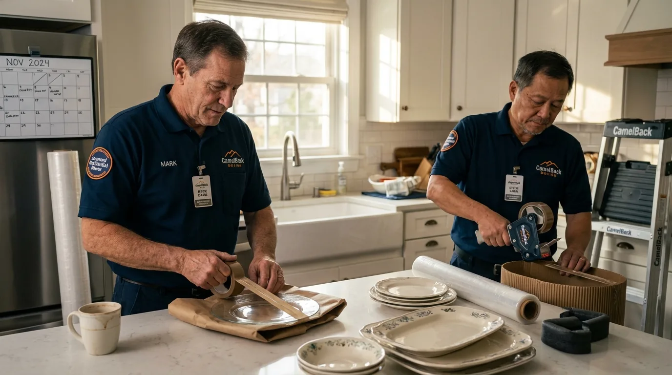 Professional crew packing kitchen dishware in Northport, NY